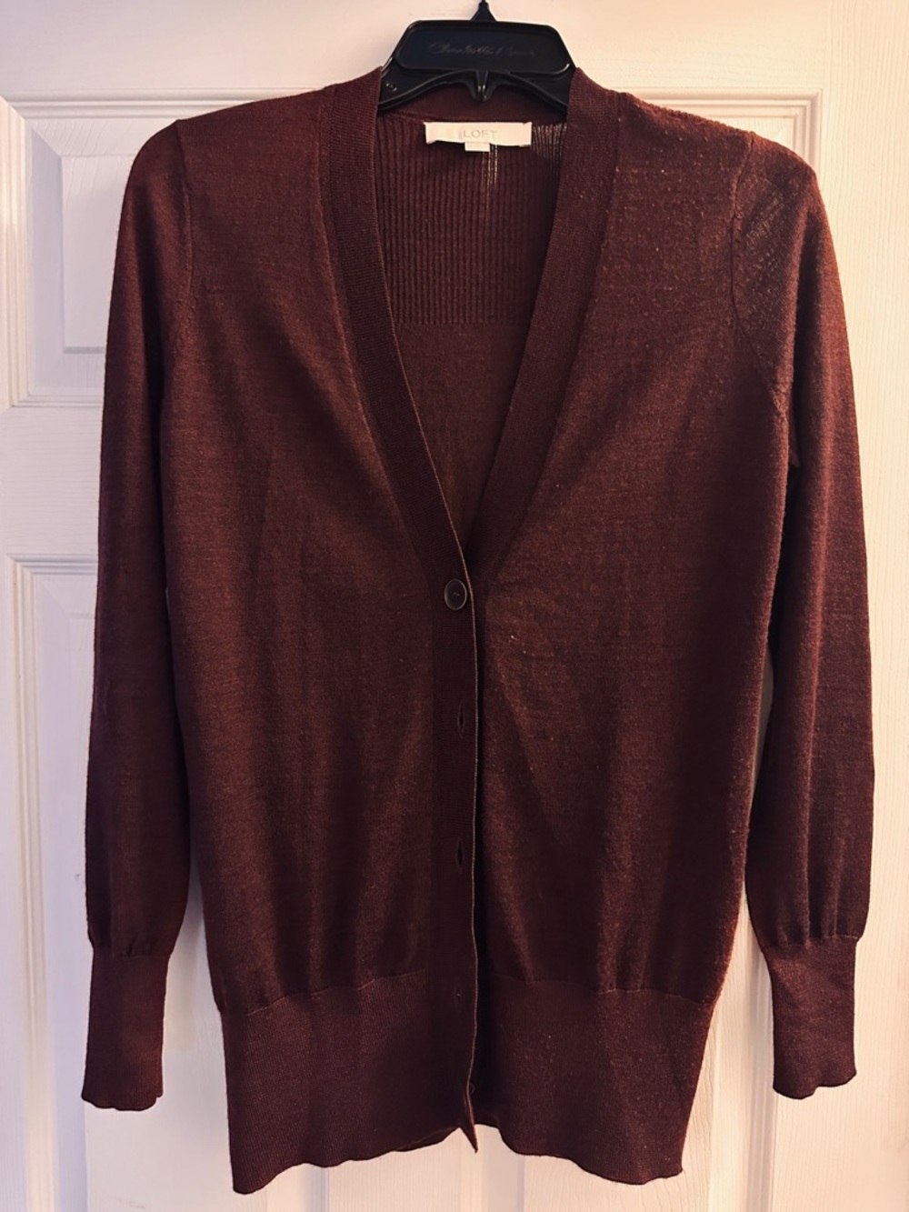 LOFT Womens Deep Burgundy Open V-Neck Button Cardigan S